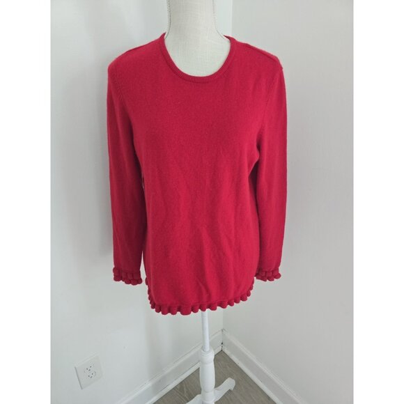 J Mclaughlin Cashmere Red Ruffle Pullover Crew Neck Knit Sweater Womens Size M - Picture 1 of 10